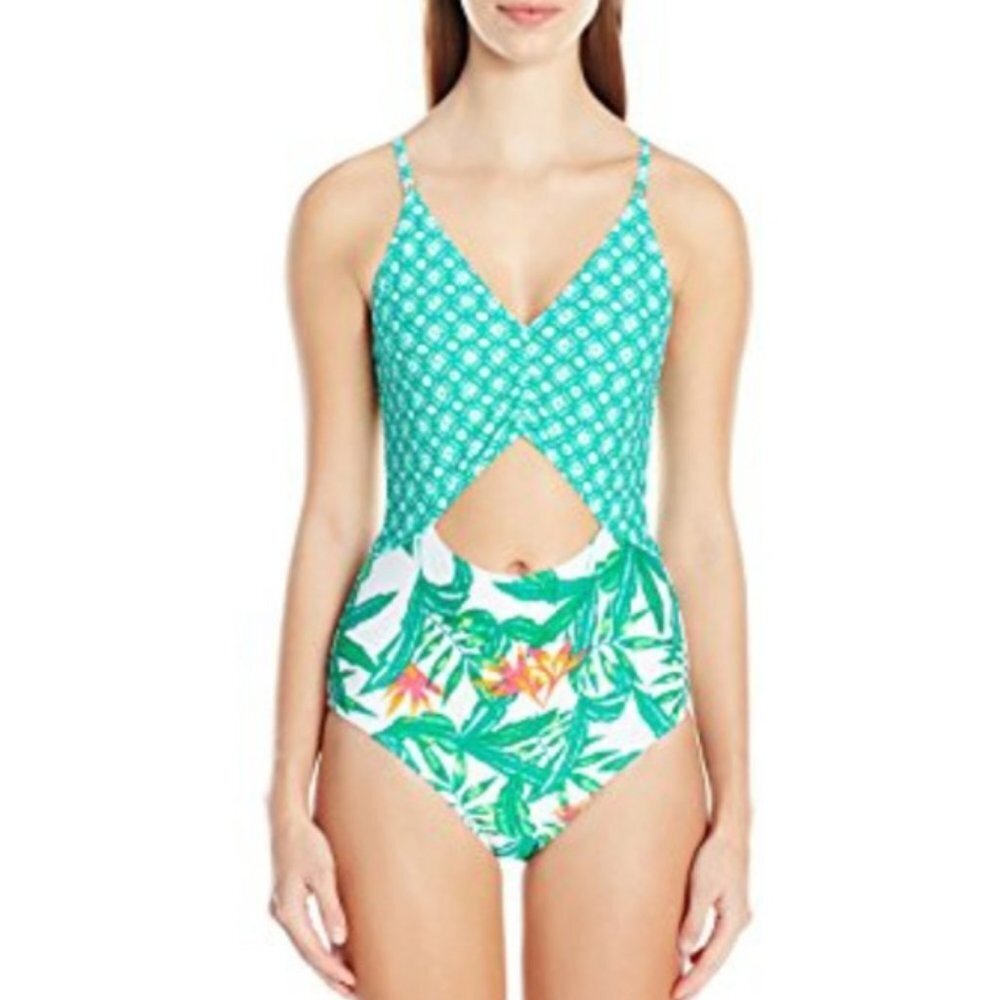 Minkpink Green Panama Palms Peekaboo One Piece Bikini Size XS
